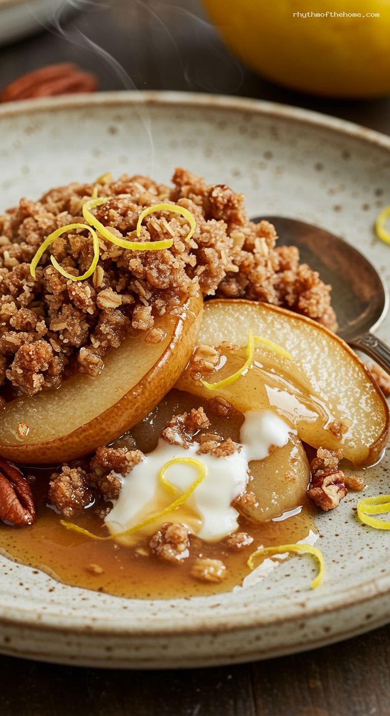 Maple-Roasted Pear Crisp with Rye-Oat Crumble – Closeup