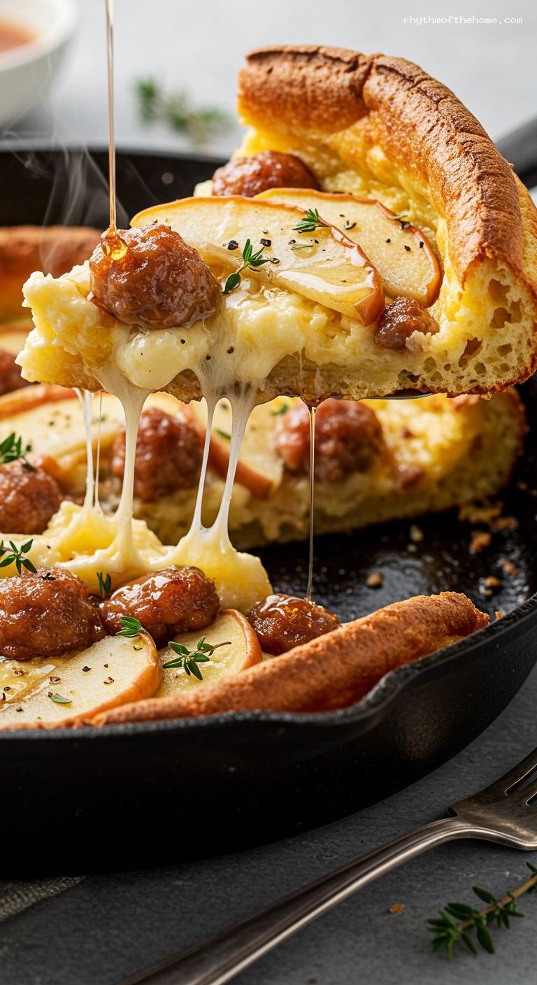 Maple Sausage, Apple, and Cheddar Dutch Baby – Closeup