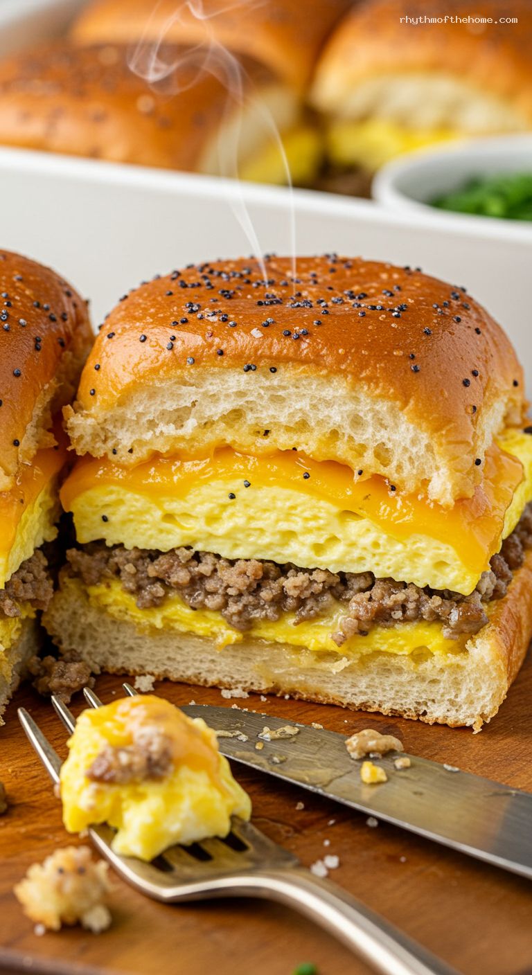 Maple Sausage Breakfast Sliders on Hawaiian Rolls – Closeup
