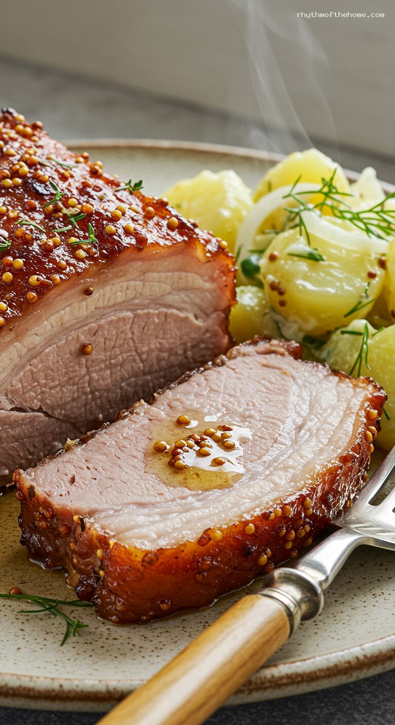 Marjoram-Garlic Mustard Roasted Pork Neck with Warm Potato Salad – Closeup