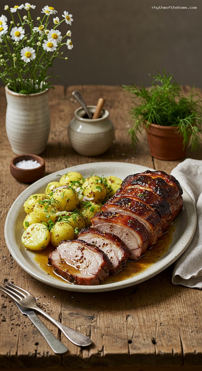 Marjoram-Garlic Mustard Roasted Pork Neck with Warm Potato Salad