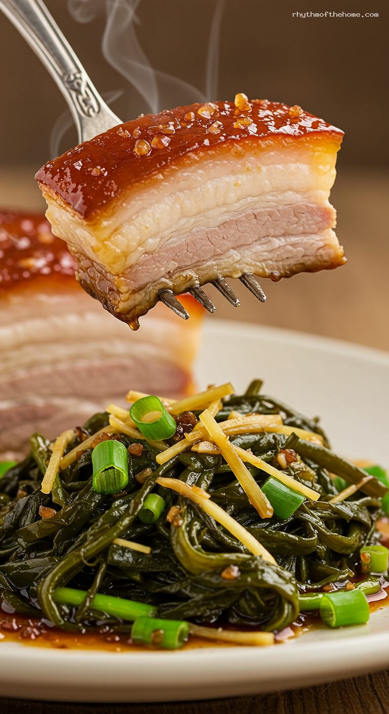 Mei Cai Kou Rou: Tender Pork Belly with Preserved Mustard Greens – Closeup