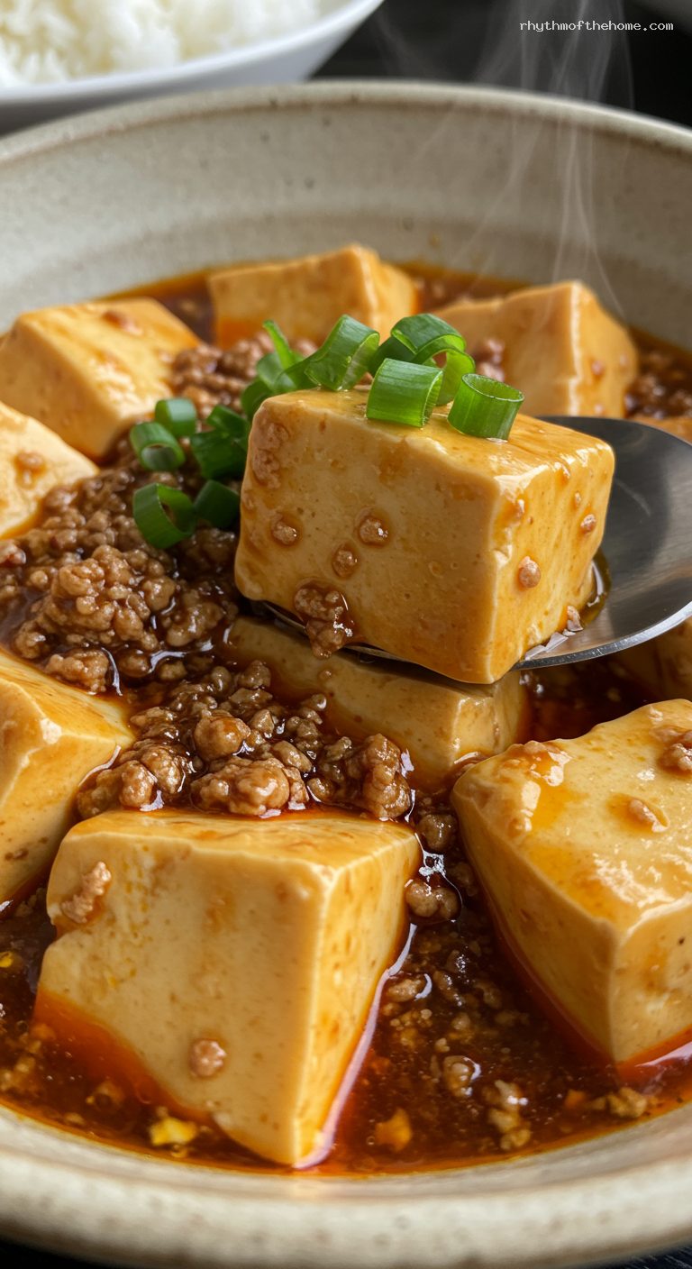 Mellow Mapo Tofu with Pork and Scallions – Closeup