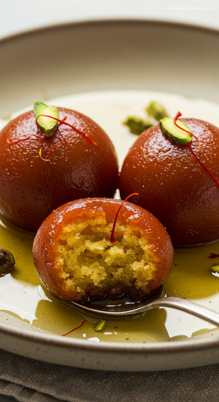 Melt-in-Your-Mouth Gulab Jamun with Saffron Cardamom Syrup – Closeup