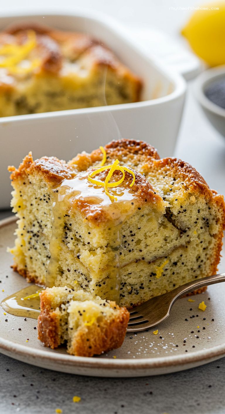 Meyer Lemon Poppy Seed Bread Pudding with Lemon Syrup – Closeup