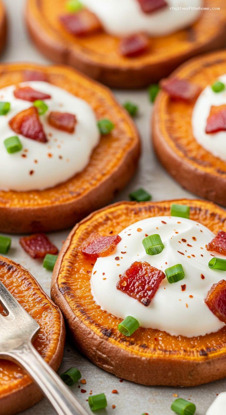 Microwave-Loaded Sweet Potato Rounds with Bacon and Chives – Closeup