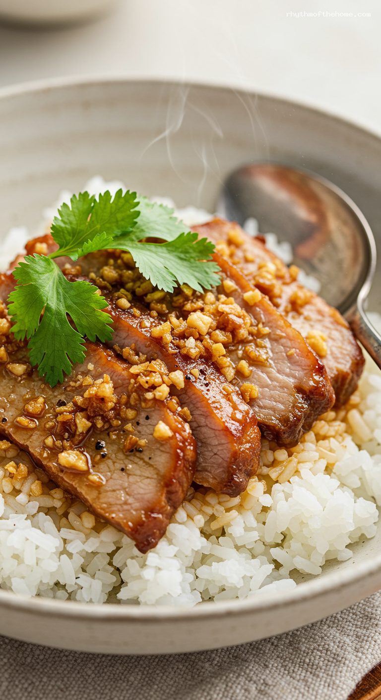 Moo Kratiem Prik Thai: Garlic-Pepper Pork Over Rice – Closeup