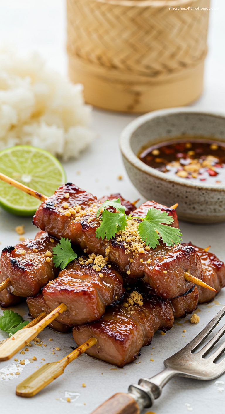 Moo Ping: Thai Grilled Pork Skewers with Sticky Rice – Closeup