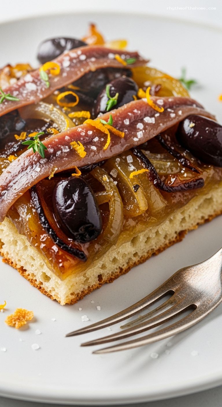 Niçoise Pissaladière with Caramelized Onions and Anchovies – Closeup