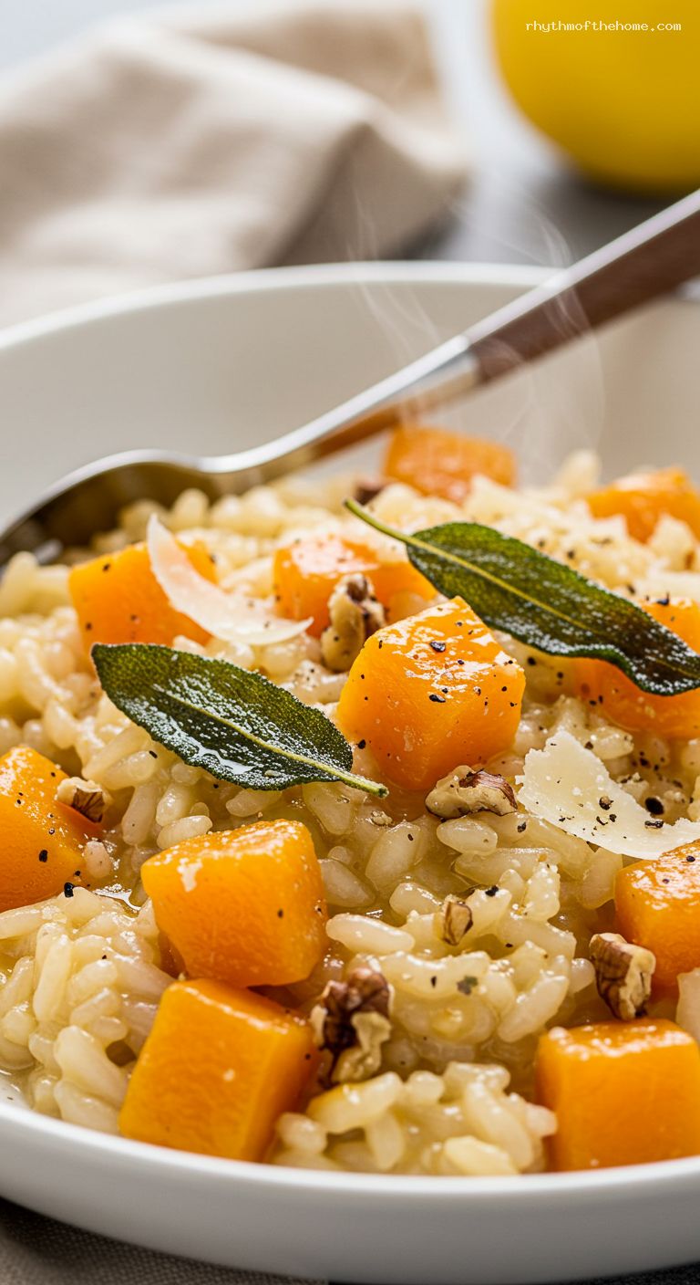 No-Stir Oven-Baked Butternut Squash Risotto with Crispy Sage – Closeup