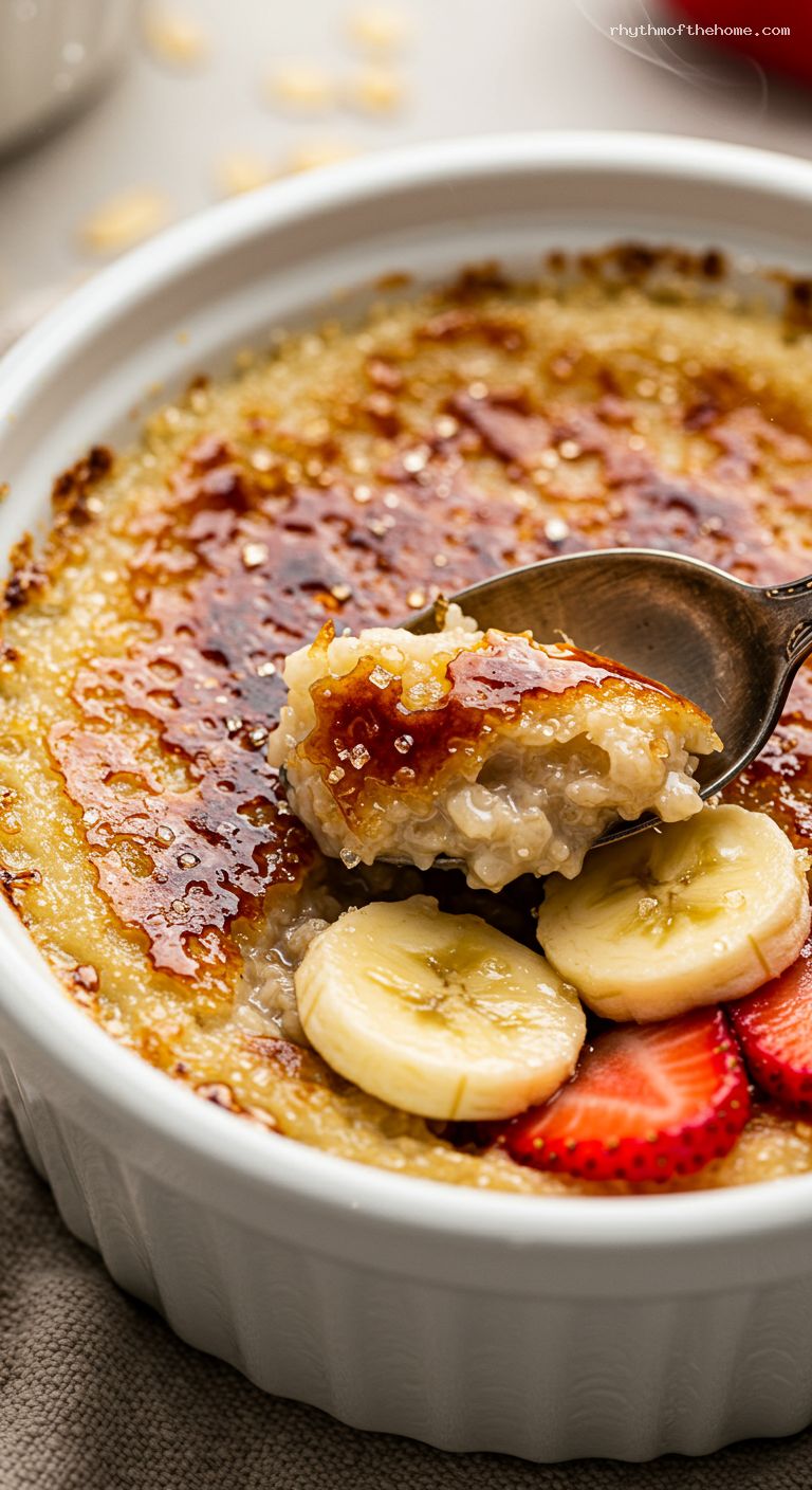 Oatmeal Brûlée with Caramelized Sugar and Fruit – Closeup