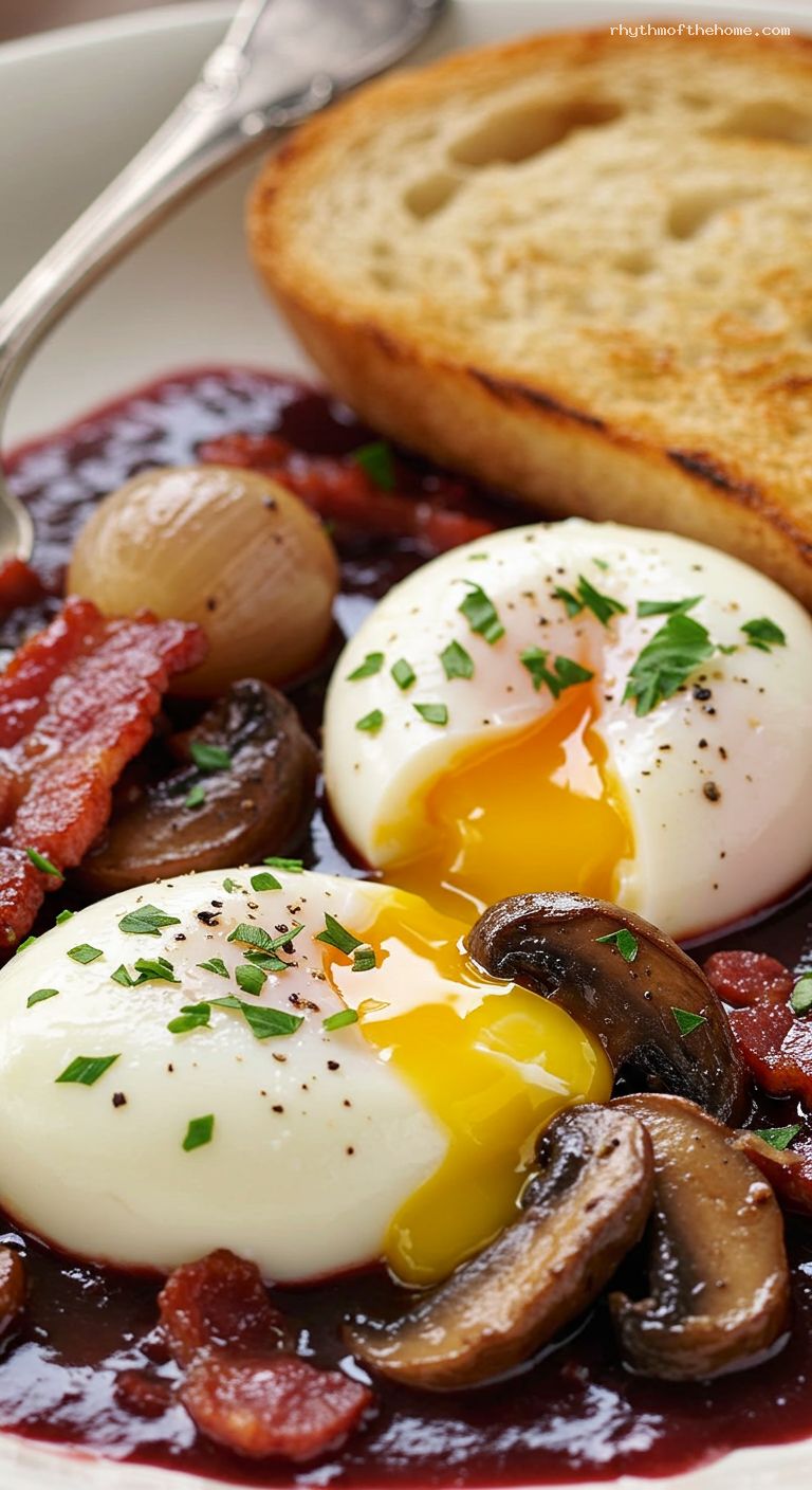 Oeufs en Meurette with Red Wine, Bacon, and Mushrooms – Closeup