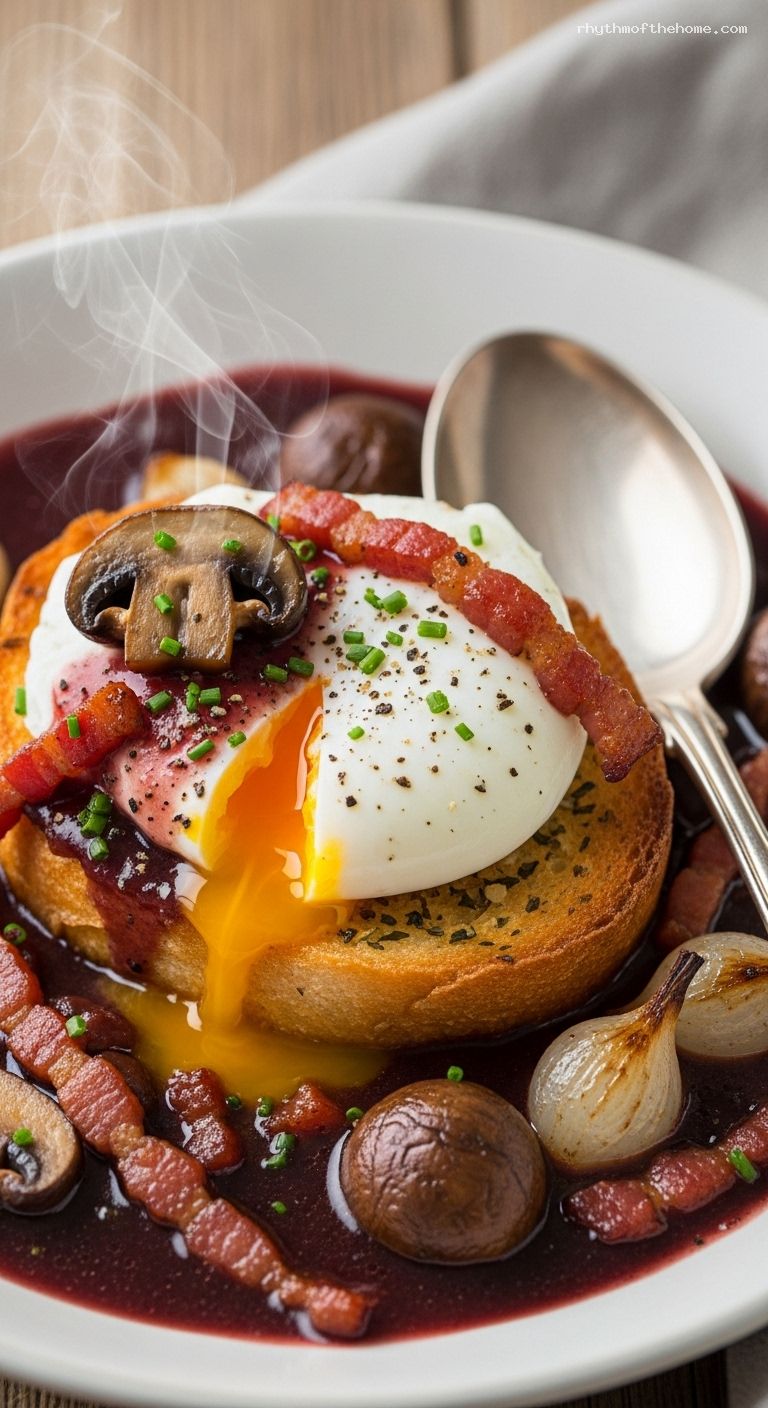 Oeufs en Meurette with Red Wine Sauce, Bacon, and Mushrooms – Closeup