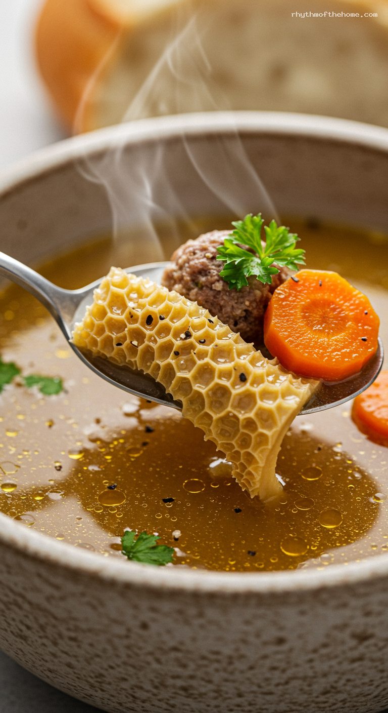 Old-School Polish Tripe Soup with Marjoram and Nutmeg – Closeup