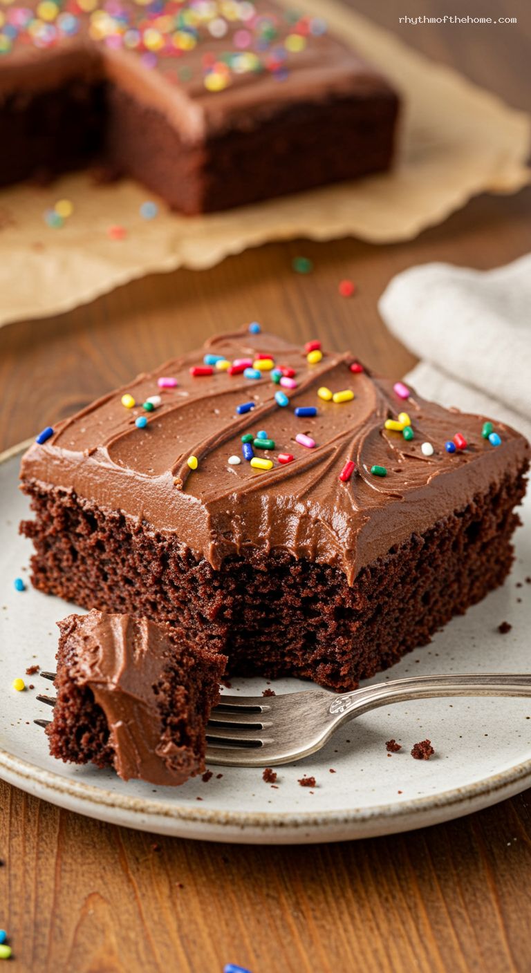 One-Bowl Chocolate Snack Cake with Fudge Frosting – Closeup