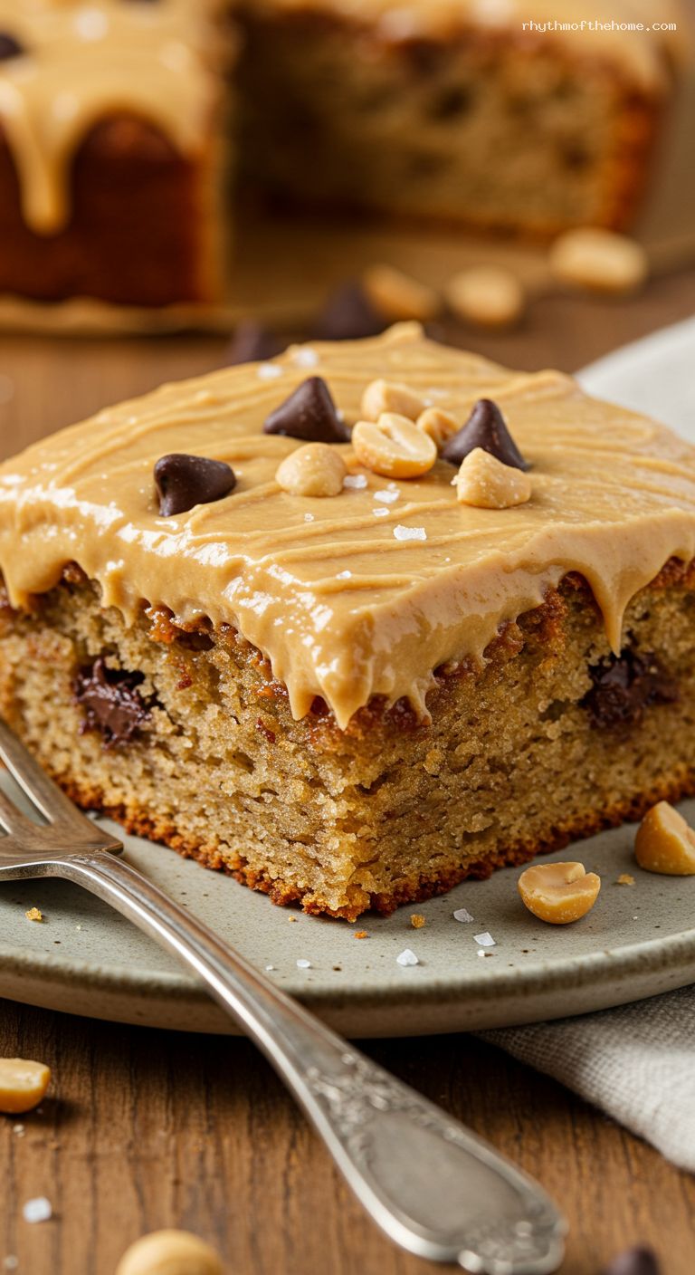 One-Bowl Peanut Butter Banana Snack Cake with Chocolate Chips – Closeup