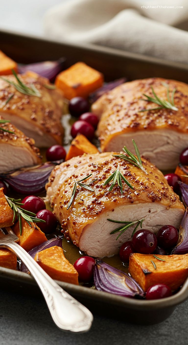 One-Pan Turkey Thighs with Sweet Potatoes and Cranberries – Closeup