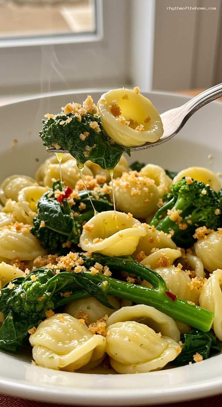 Orecchiette with Broccoli Rabe, Anchovy, and Breadcrumbs – Closeup