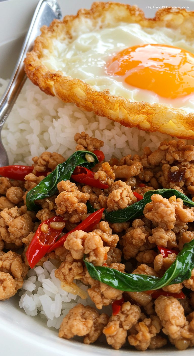 Pad Kra Pao with Crispy Fried Egg – Closeup