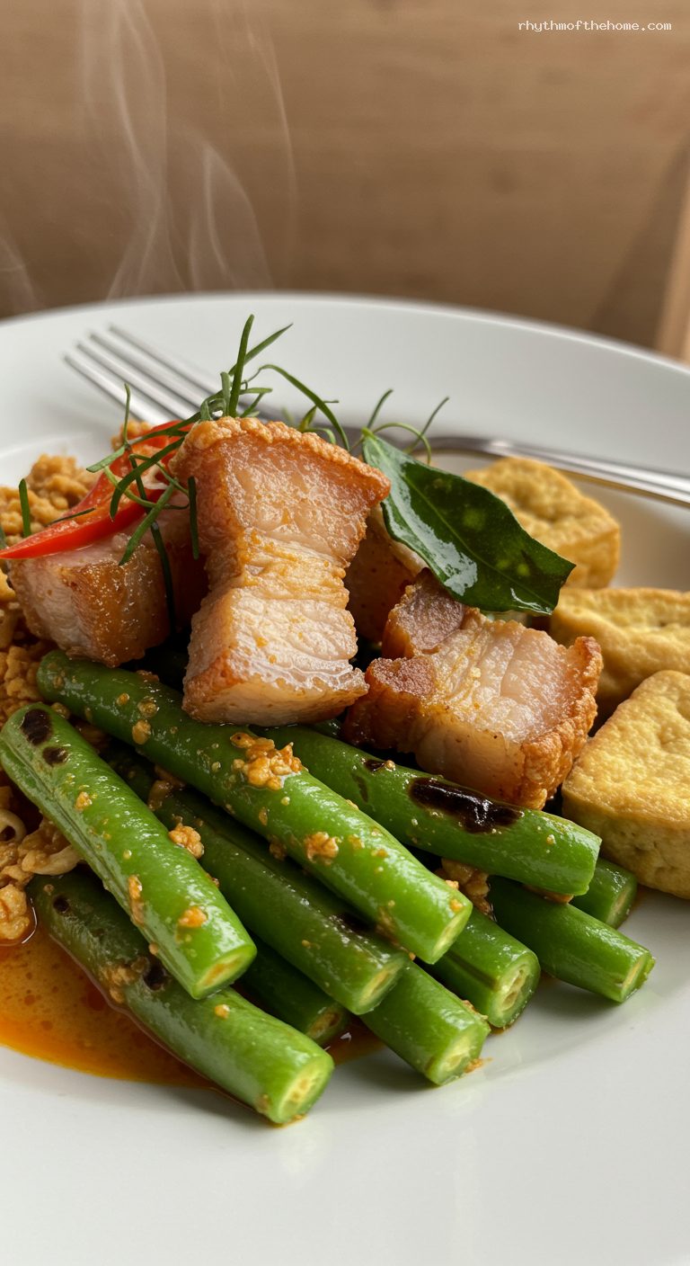 Pad Prik Khing with Crispy Pork Belly or Tofu – Closeup