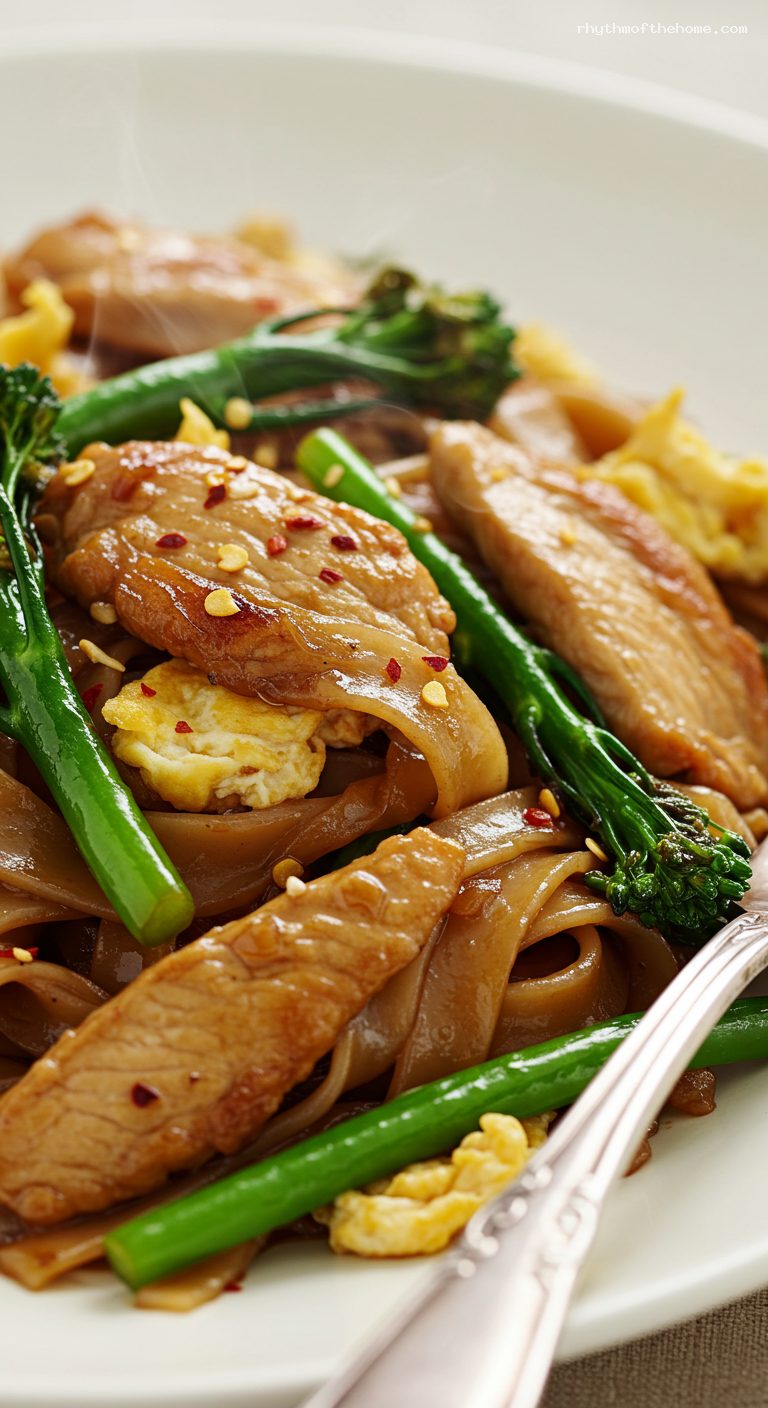 Pad See Ew with Chinese Broccoli and Egg – Closeup