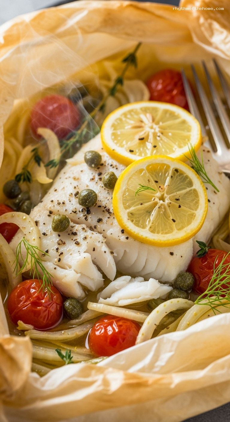 Papillote Cod with Fennel, Tomatoes, Capers, and Pastis – Closeup