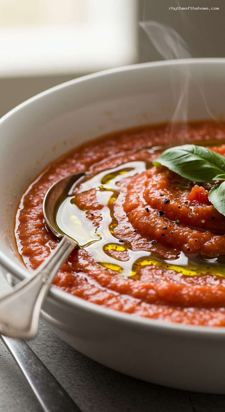 Pappa al Pomodoro with Ripe Tomatoes and Basil – Closeup