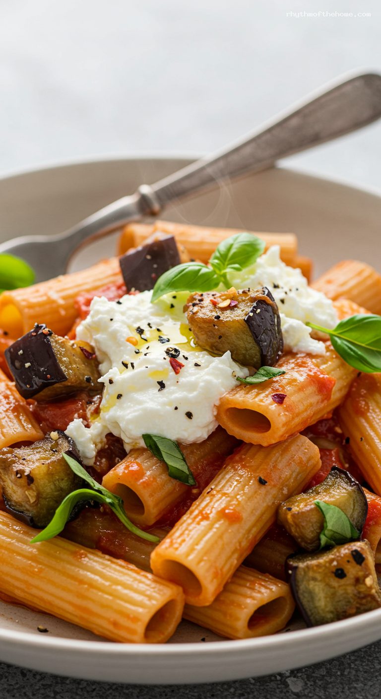 Pasta alla Norma with Eggplant and Ricotta Salata – Closeup