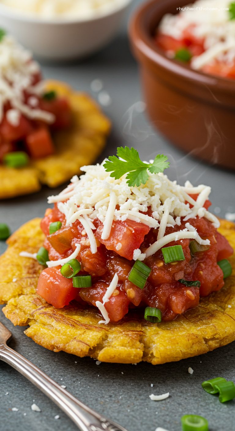 Patacones with Hogao, Queso, and Suero – Closeup