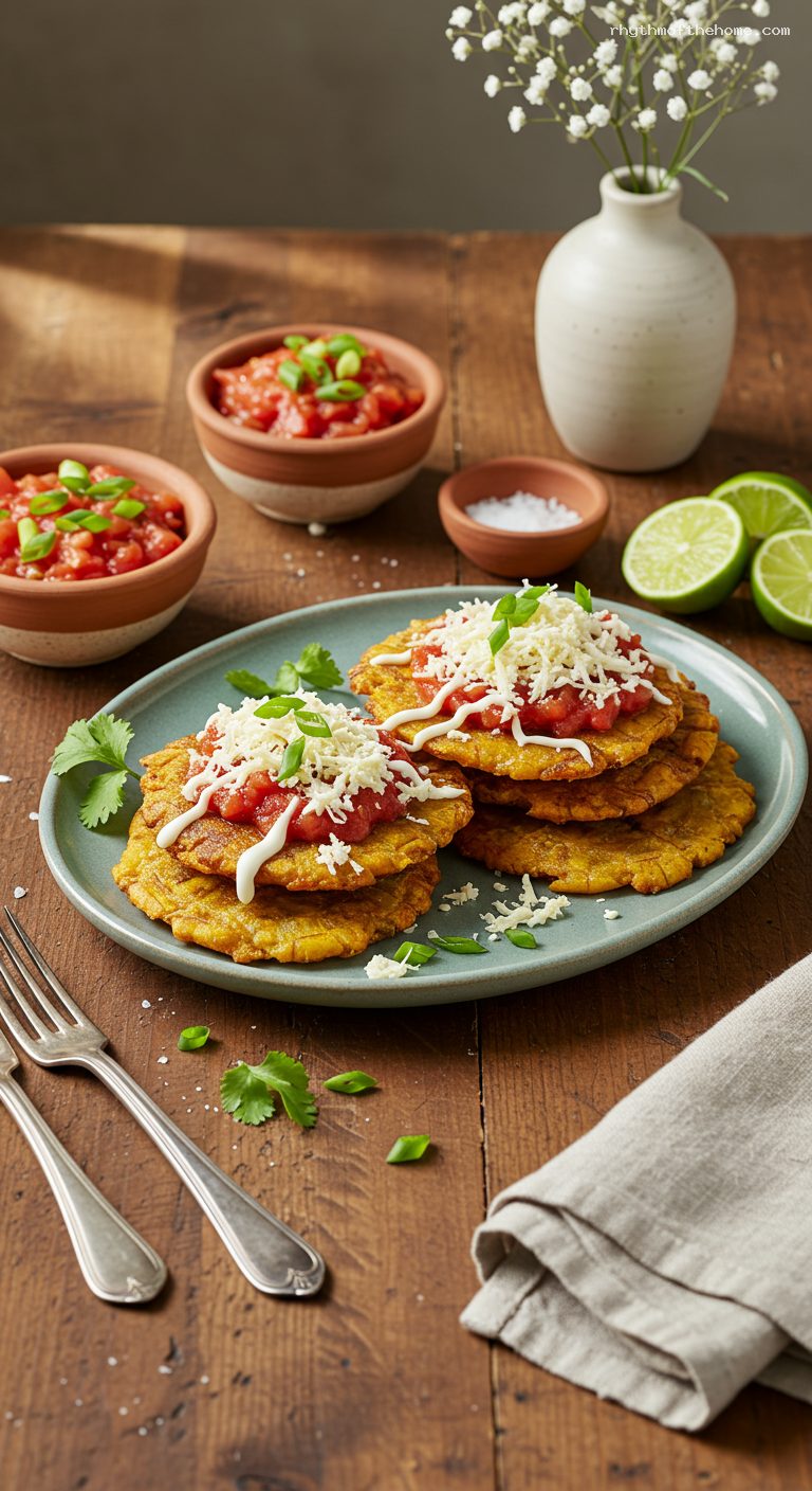 Patacones with Hogao, Queso, and Suero