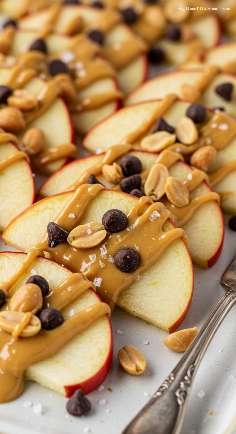 Peanut Butter Apple Nachos with Dark Chocolate Chips – Closeup