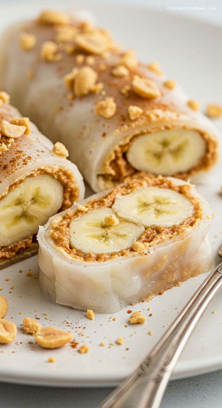 Peanut Butter Banana Rice Paper Rolls with Honey – Closeup