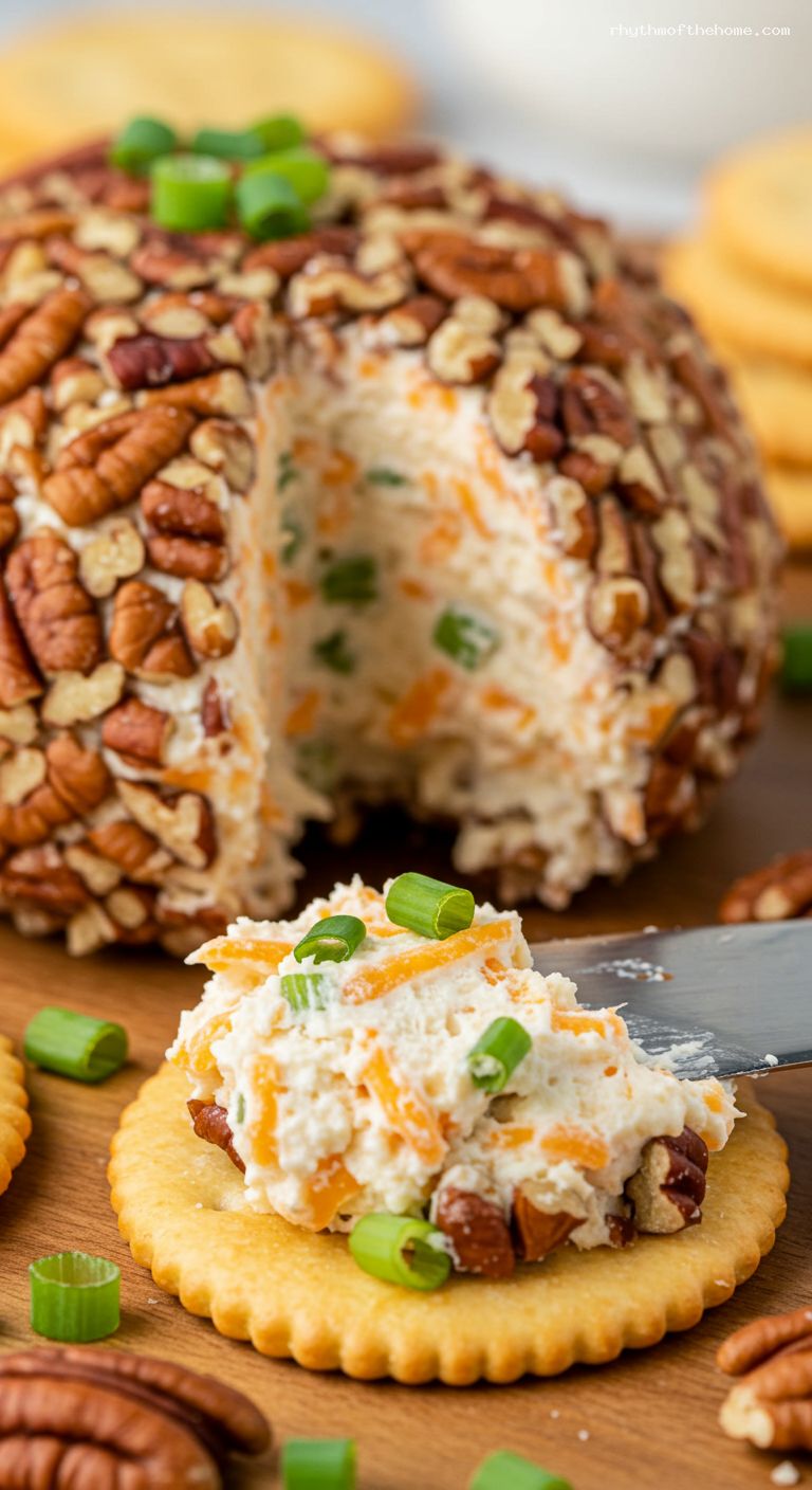Pecan-Crusted Cheese Ball with Sharp Cheddar – Closeup