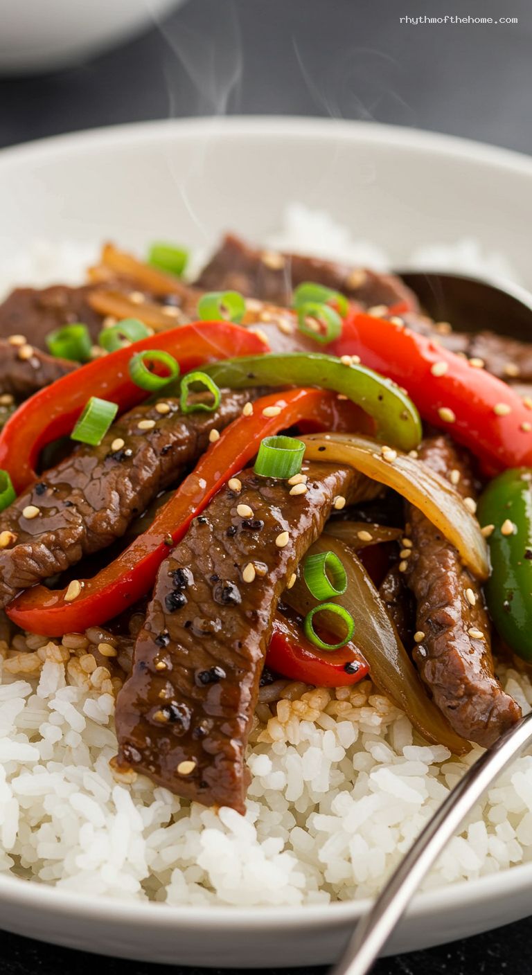 Pepper Steak Stir-Fry with Jasmine Rice – Closeup