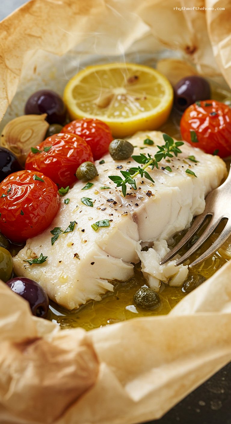 Pesce al Cartoccio with Tomatoes, Olives, and Lemon – Closeup
