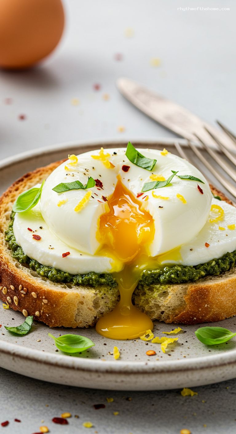Pesto Mozzarella Egg Toast with Chili Flakes – Closeup