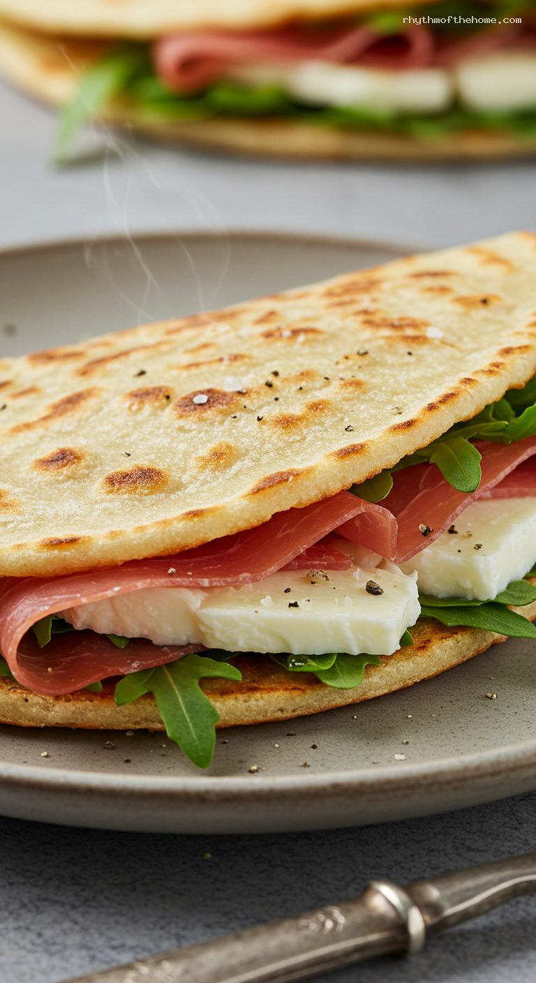 Piadina Romagnola with Prosciutto, Arugula, and Soft Cheese – Closeup