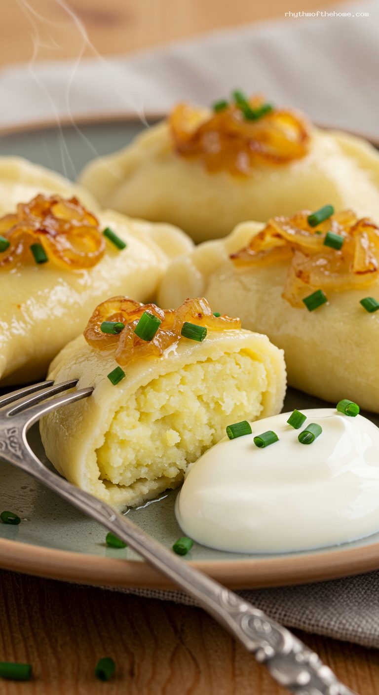 Pierogi Ruskie with Caramelized Onions and Sour Cream – Closeup