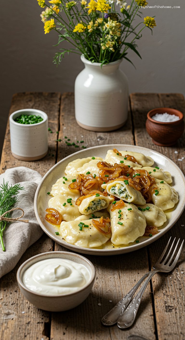 Pierogi Ruskie with Caramelized Onions and Sour Cream