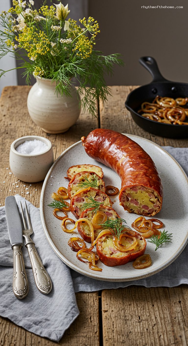 Podlasie-Style Baked Potato Sausage with Fried Onions