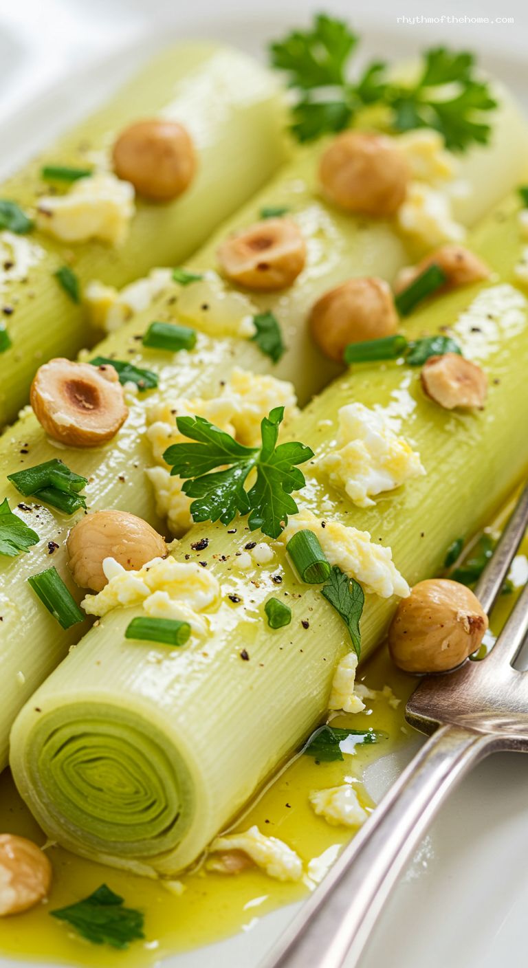 Poireaux Vinaigrette with Dijon, Egg, and Hazelnuts – Closeup