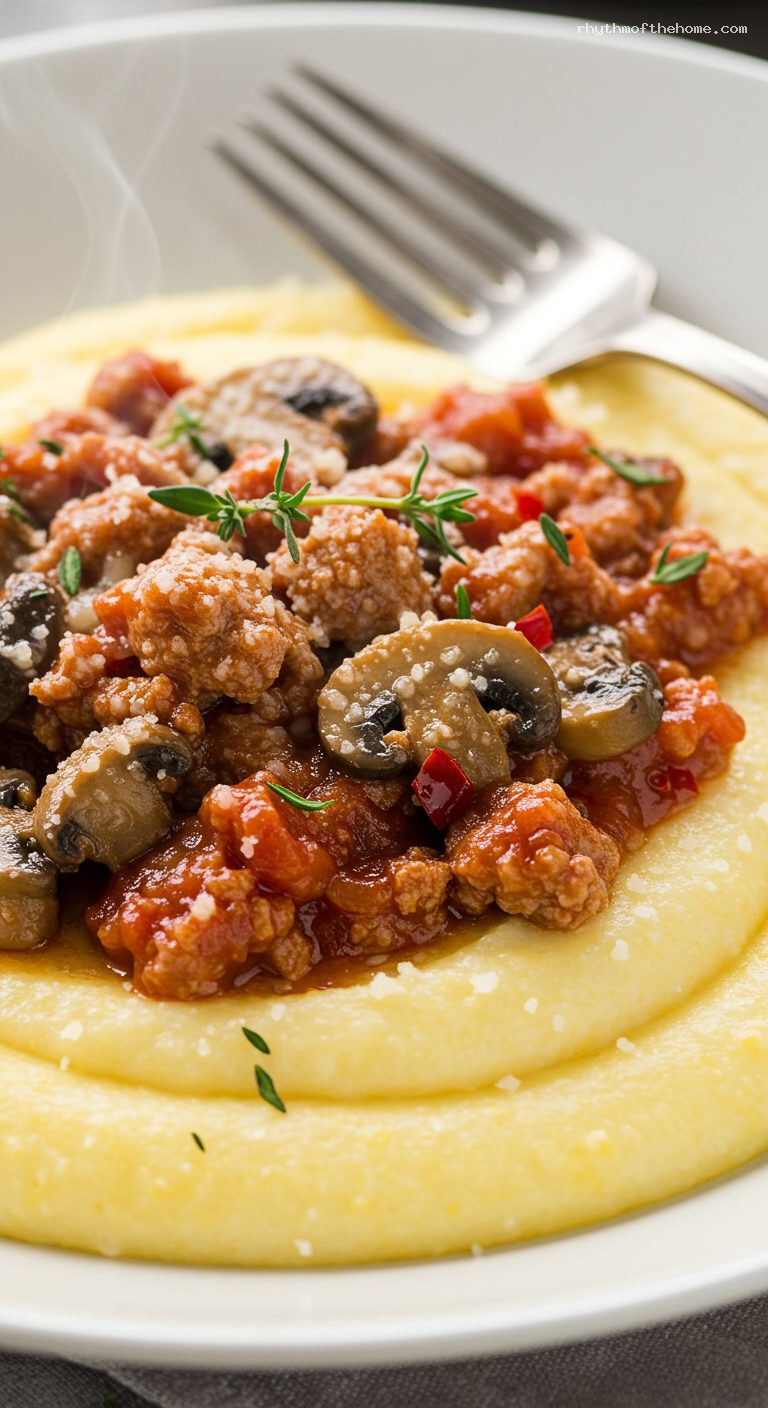 Polenta with Sausage and Mushrooms Ragù – Closeup