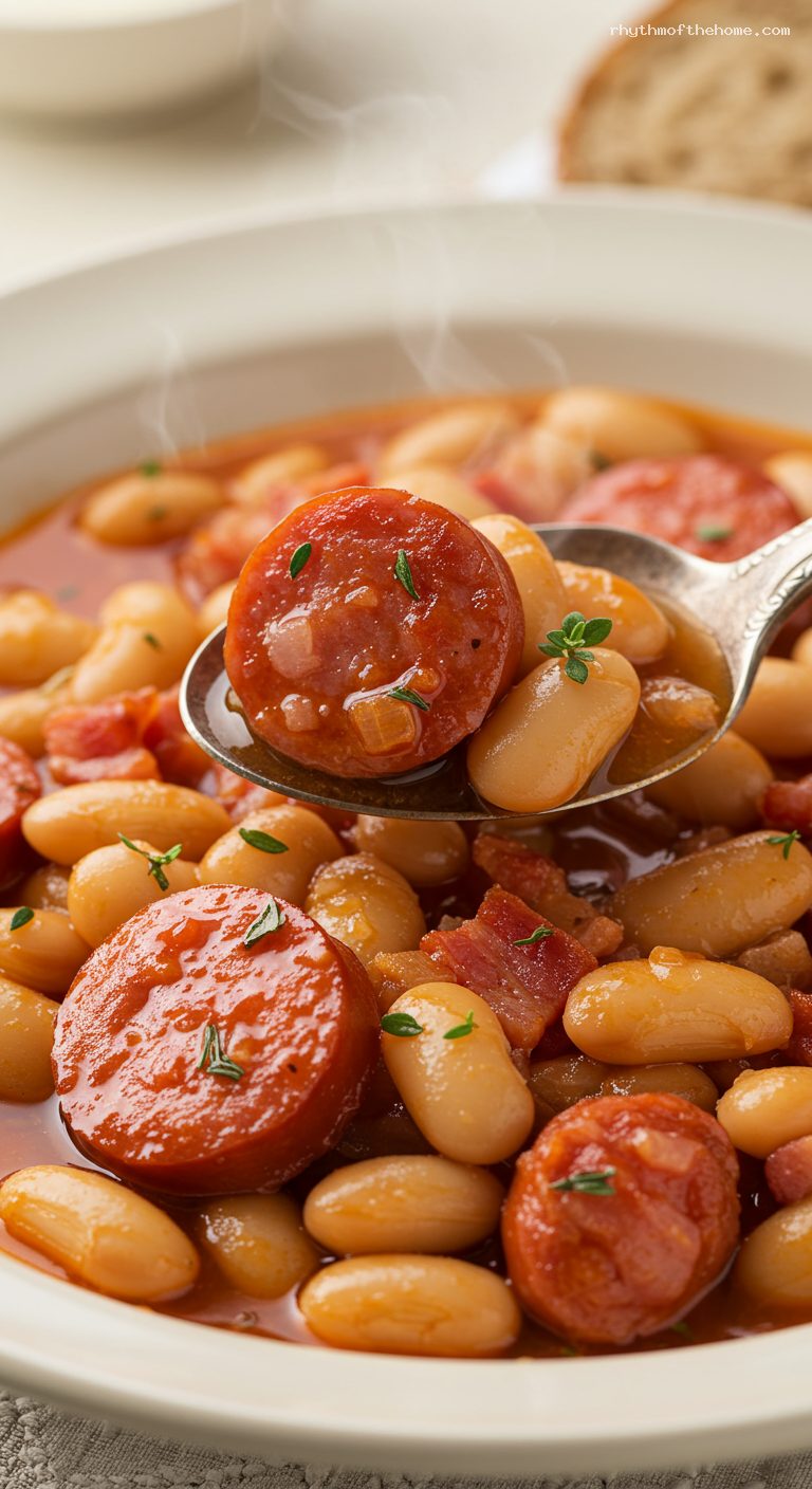 Polish Baked Beans with Kiełbasa and Smoky Tomato Sauce – Closeup
