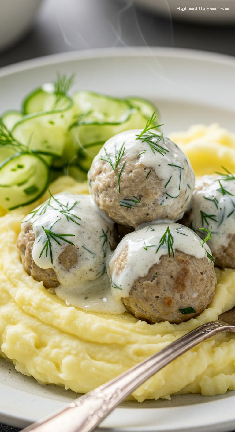 Polish Meatballs in Creamy Dill Sauce with Mash – Closeup
