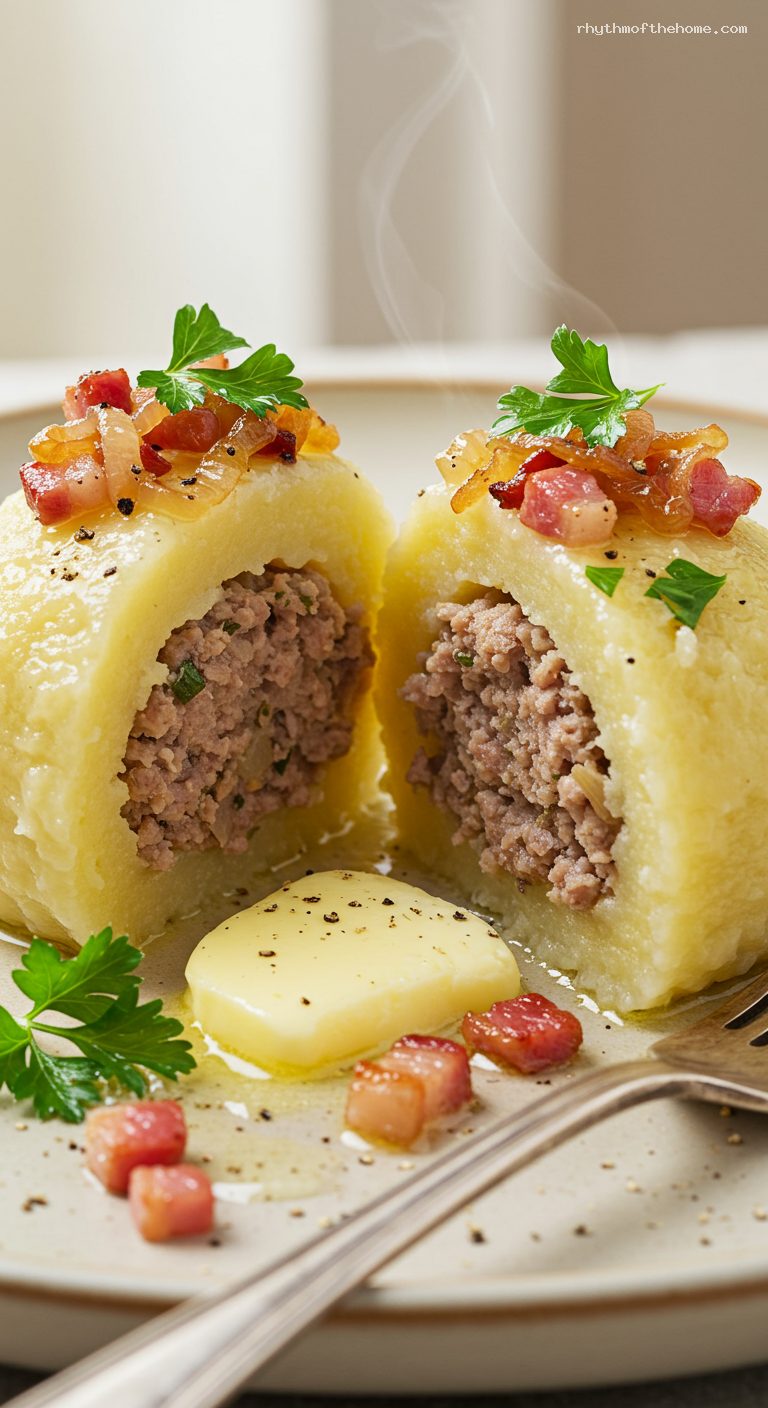 Polish Potato Dumplings with Savory Meat Filling – Closeup