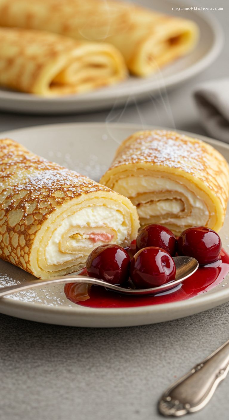 Polish Sweet Cheese Crepes with Sour Cherry Compote – Closeup