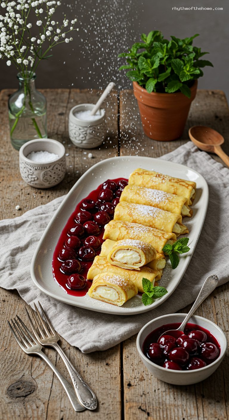 Polish Sweet Cheese Crepes with Sour Cherry Compote