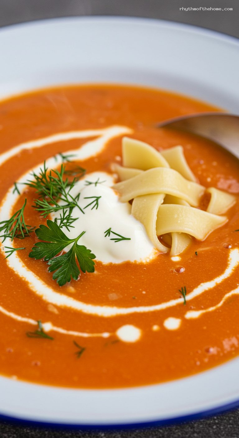 Polish Tomato Soup with Rice or Noodles – Closeup