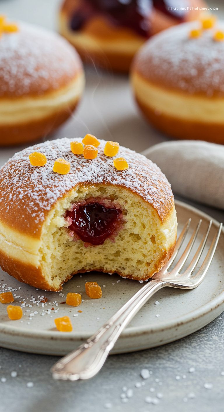 Polish Yeasted Doughnuts with Rosehip or Plum Jam – Closeup