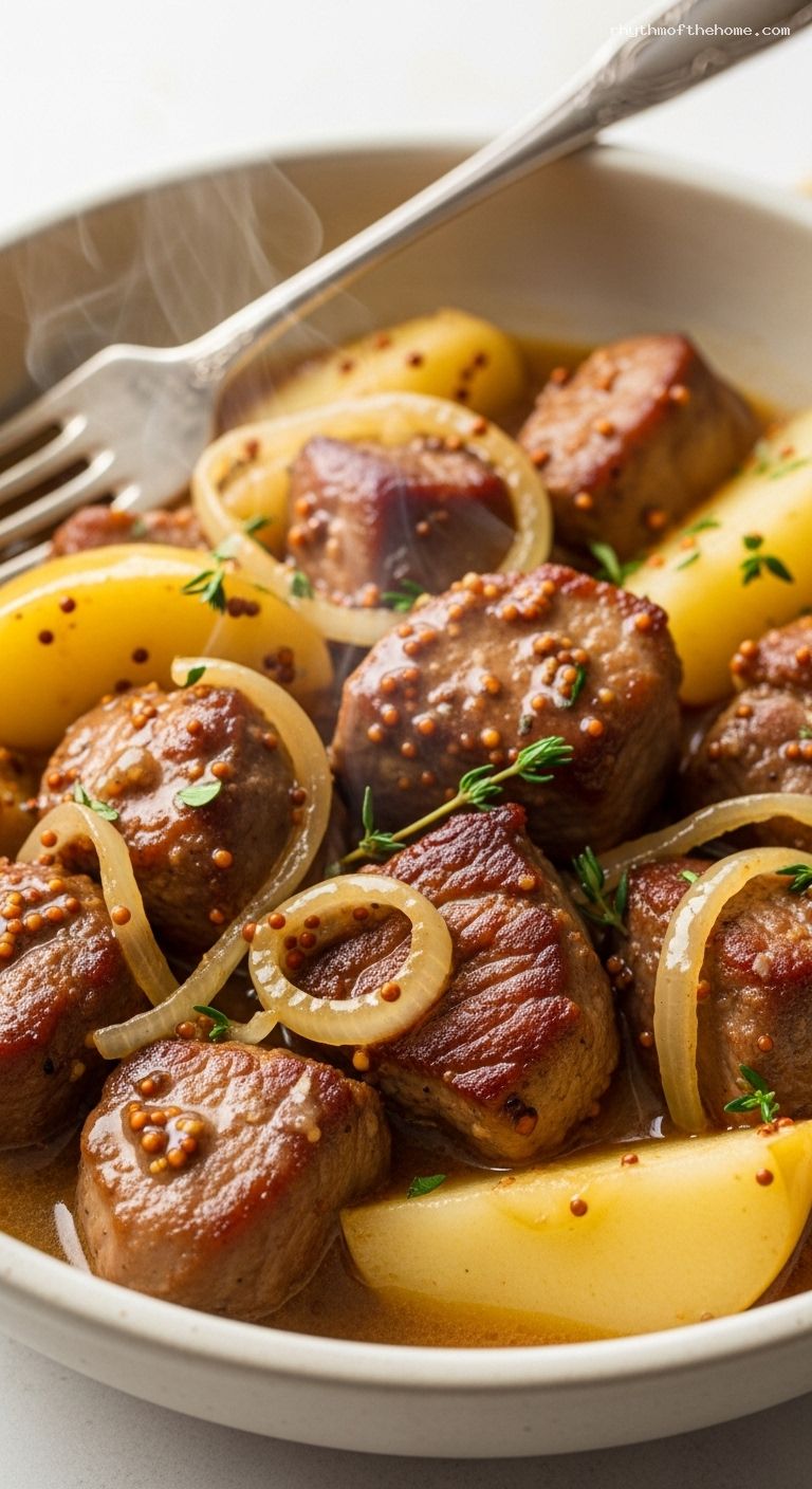 Pork Cider Sauté with Apples and Mustard Cream – Closeup